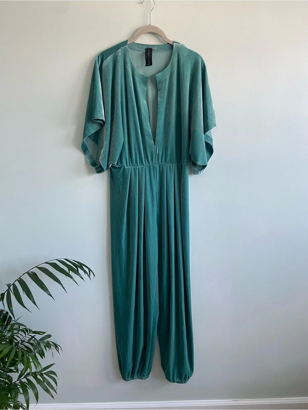 Norma Kamali Teal Velvet Plunge Jumpsuit with Dolman Sleeves